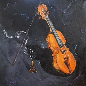 Violin, Candle Still Life Oil Painting Original on Canvas, Impressionism, Beautiful Art
