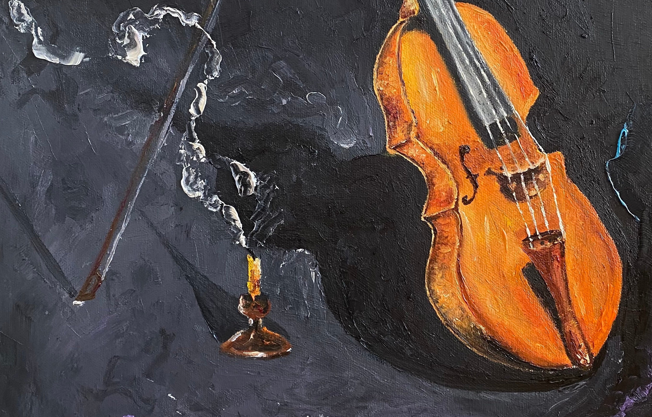 Original Violin Oil Painting on Canvas, Candle Still Life