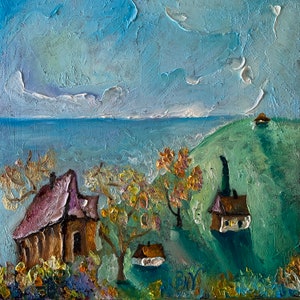Impressionism Oil Painting Original, Landscape Unique Painting , Impasto, Bright  Beautiful Vibrant Textured Blue Art