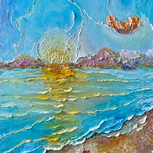 Abstract Seascape Oil Painting Original on Canvas, Colorful Bright Wall Art, Impasto image 1