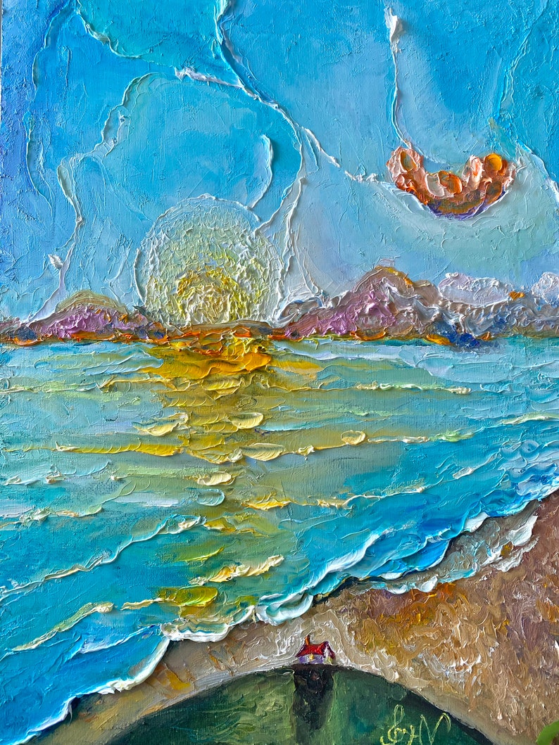 Abstract Seascape Oil Painting Original on Canvas, Colorful Bright Wall Art, Impasto image 1