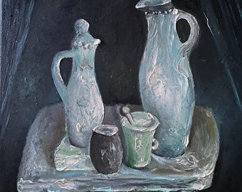 Still Life Wabi Sabi Jug Oil Painting Original on Canvas Small Minimalist  Art