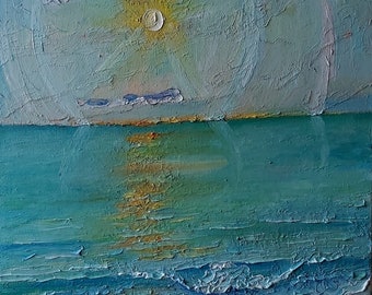 Seascape Oil Painting Original on Canvas, Impressionism, Bright Wall Art, Small Wall Art