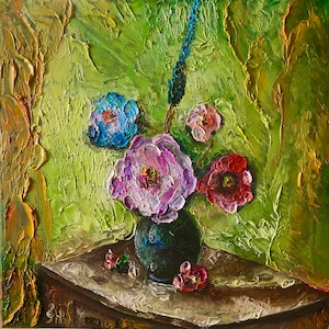 Still Life Flowers Colorful Oil Painting Original on Canvas, Impressionism Impasto, Bright Vibrant Beautiful Textured  Floral Art