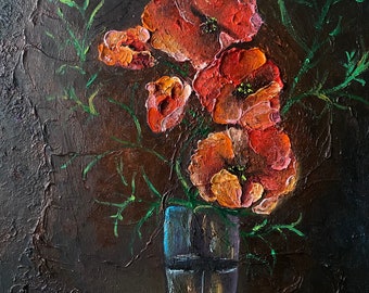 Still Life Red Flowers Colorful Oil Painting Original on Canvas,  Floral Impressionism Impasto,  Beautiful Vibrant Bright Textured Art