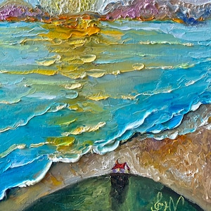 Abstract Seascape Oil Painting Original on Canvas, Colorful Bright Wall Art, Impasto image 2