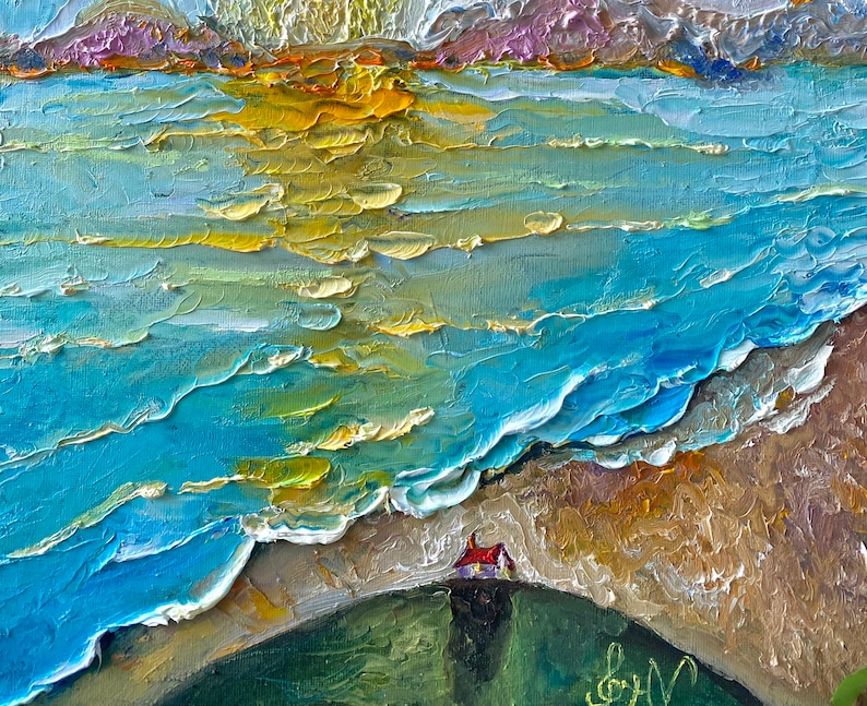 Abstract Seascape Oil Painting Original on Canvas, Colorful Bright Wall Art, Impasto image 2