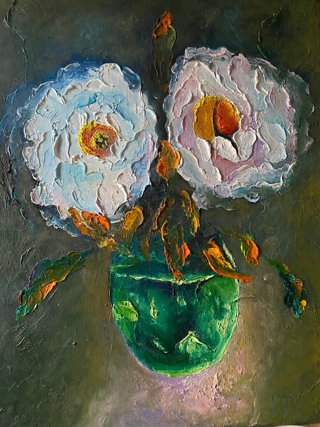 Still Life White Flowers Oil Painting Original on Canvas, Impressionism