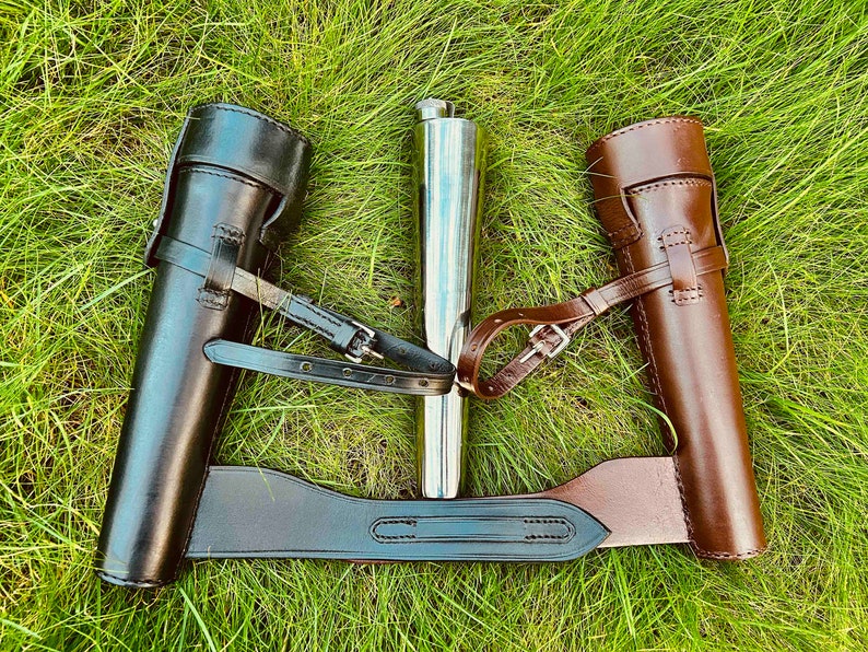 Leather Hunt Mounted Saddle Flask Set Saddle Hip Stainless Steel Flask Black or Brown Leather Cased Baton Fox Hunting Horse Riding
