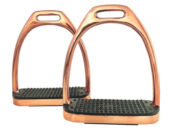 Estribos brilhantes de ouro rosa para montaria em aço inoxidável feito à mão com degraus pretos de 4” - 10 cm e 4,75” - 12 cm. Presente perfeito para ele ou ela
