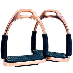 May include: A pair of copper stirrups with black rubber inserts. The stirrups have a traditional design with a rounded top and a flat base.