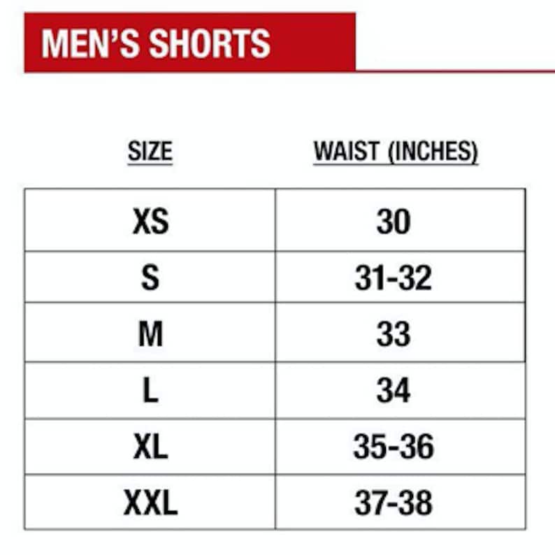 K&ouml;nnte beinhalten: Eine Gr&ouml;&szlig;entabelle f&uuml;r Herren-Shorts, die die Bundweite in Zoll f&uuml;r jede Gr&ouml;&szlig;e von XS bis XXL zeigt.