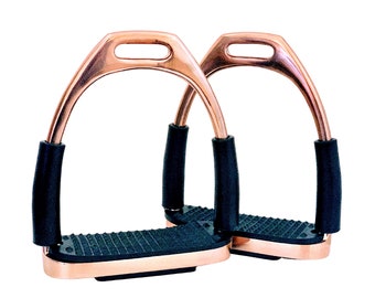 Gloss ROSE GOLD Safety Flexi STIRRUPS Horse Riding Stainless Steel With Black Treads 4.75” .Perfect  gift for him or her