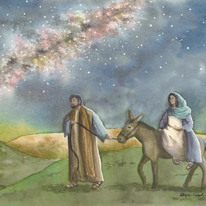 Mary and Joseph watercolor print, Christmas art, Nativity watercolor, LDS art, Jesus Christ