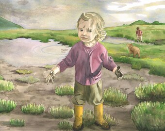 Mud Walk; watercolor; estuary; children