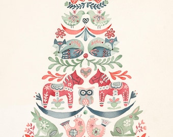 Scandinavian Christmas tree watercolor print, with animal folk designs