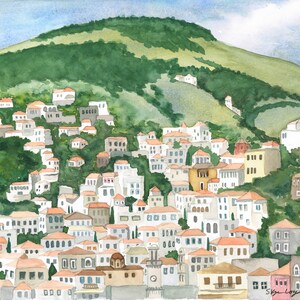 Hydra, Greece; watercolor print; landscape; Greek island; travel