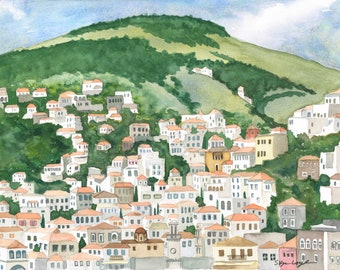 Hydra, Greece; watercolor print; landscape; Greek island; travel
