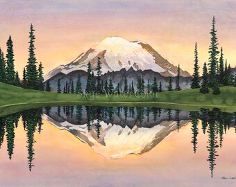 Upper Tipsoo Lake and Mount Rainier, watercolor print