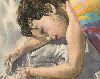 At the Beach, Watercolor, Child, Boy, Sand, Summer