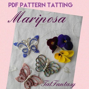 May include: Three handmade butterfly tatting patterns in blue, green, and pink with white beads. The butterflies are on a white fabric background with purple and yellow flowers. The text "PDF PATTERN TATTING Mariposa Tat Fantasy by Silvia" is on the image.
