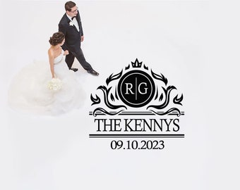 May include: Black and white wedding monogram with a crown, the initials "RG" in a circle, the text "THE KENNYS" and the date "09.10.2023".