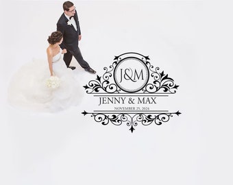 May include: A black and white wedding invitation with a decorative floral design. The invitation features the couple's initials "J&M" in a circle and the text "Jenny & Max" and "November 25, 2024".