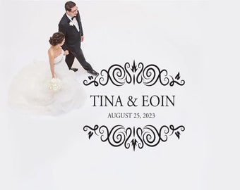 May include: A black and white wedding announcement with a decorative border. The announcement reads "Tina & Eoin" and "August 25, 2023".