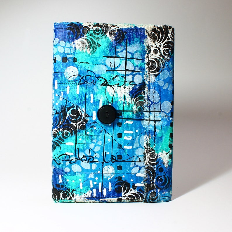 Sketchbook/Journal/Blank Book Hand Sewn Binding Hand Painted Wrap Around Canvas Blues 8 x 6 Inches 96 Pages 80 Drawing Paper 872206787423 image 1