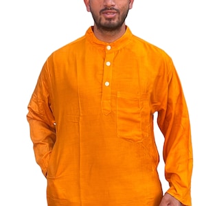 Traditional Indian Punjabi Men's Collarless Long KurtaKurtha Grandad Top Shirt: Saffron Golden YellowPSR image 1