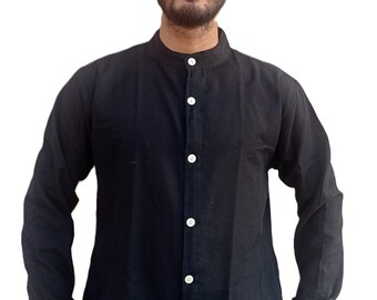Cotton Blend Collarless Shirt: Men's Long Sleeve Kurta