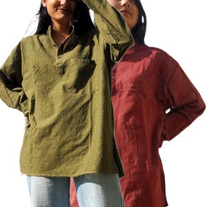 Long Sleeve Cotton Collarless Ladies&#39;  Yoga Grandad Kurta Shirt Top with Flat Buttons
