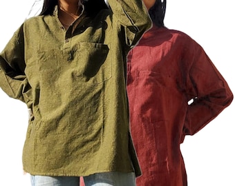 Long Sleeve Cotton Collarless Ladies'  Yoga Grandad Kurta Shirt Top with Flat Buttons