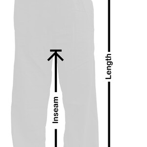 May include: Diagram showing how to measure the waist, inseam, and length of pants. The diagram shows a pair of pants with arrows pointing to the waist, inseam, and length.