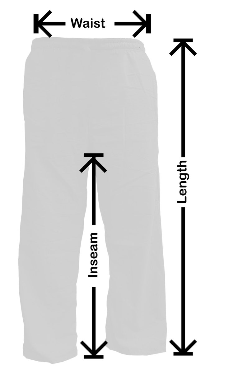 May include: Diagram showing how to measure the waist, inseam, and length of pants. The diagram shows a pair of pants with arrows pointing to the waist, inseam, and length.