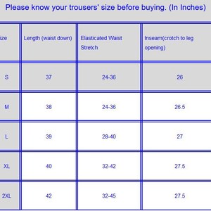 May include: A chart showing the size guide for trousers in inches. The chart includes the size, length, elasticated waist stretch, and inseam.