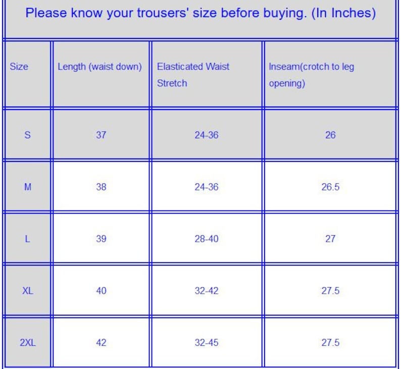 May include: A chart showing the size guide for trousers in inches. The chart includes the size, length, elasticated waist stretch, and inseam.