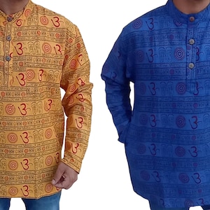 ॐ Om Aum and Mantra Collarless Grandad Shirt Kurtha Kurta•Men&#39;s Long Sleeve Yoga Spiritual Meditation Wear: BT3