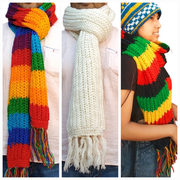 Chunchy, thick & very Warm Hand knitted Pure Wool Scarf// Rainbow Rasta Plain//Soft Light Thick Warm Winter Shawl:clearance price