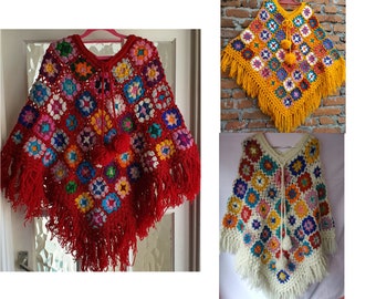 Handgestrickter Patchwork-Woll-Poncho mit buntem Festival-Boho-Hippie-Nomaden-Blumenmuster, dickes Oberteil: Ausverkaufspreis