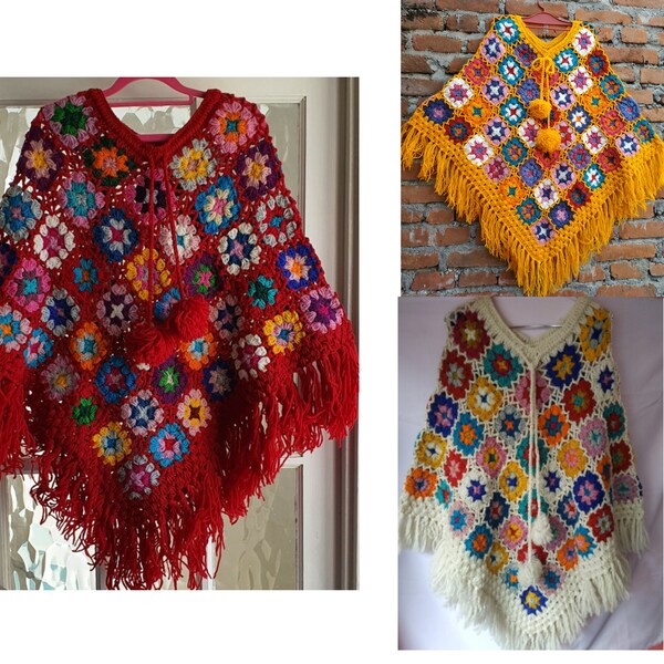 Handknitted Patchwork Wool Colourful Festival Boho Hippie Nomadic Floral Festival Thick Top Poncho Wrap:clearance price