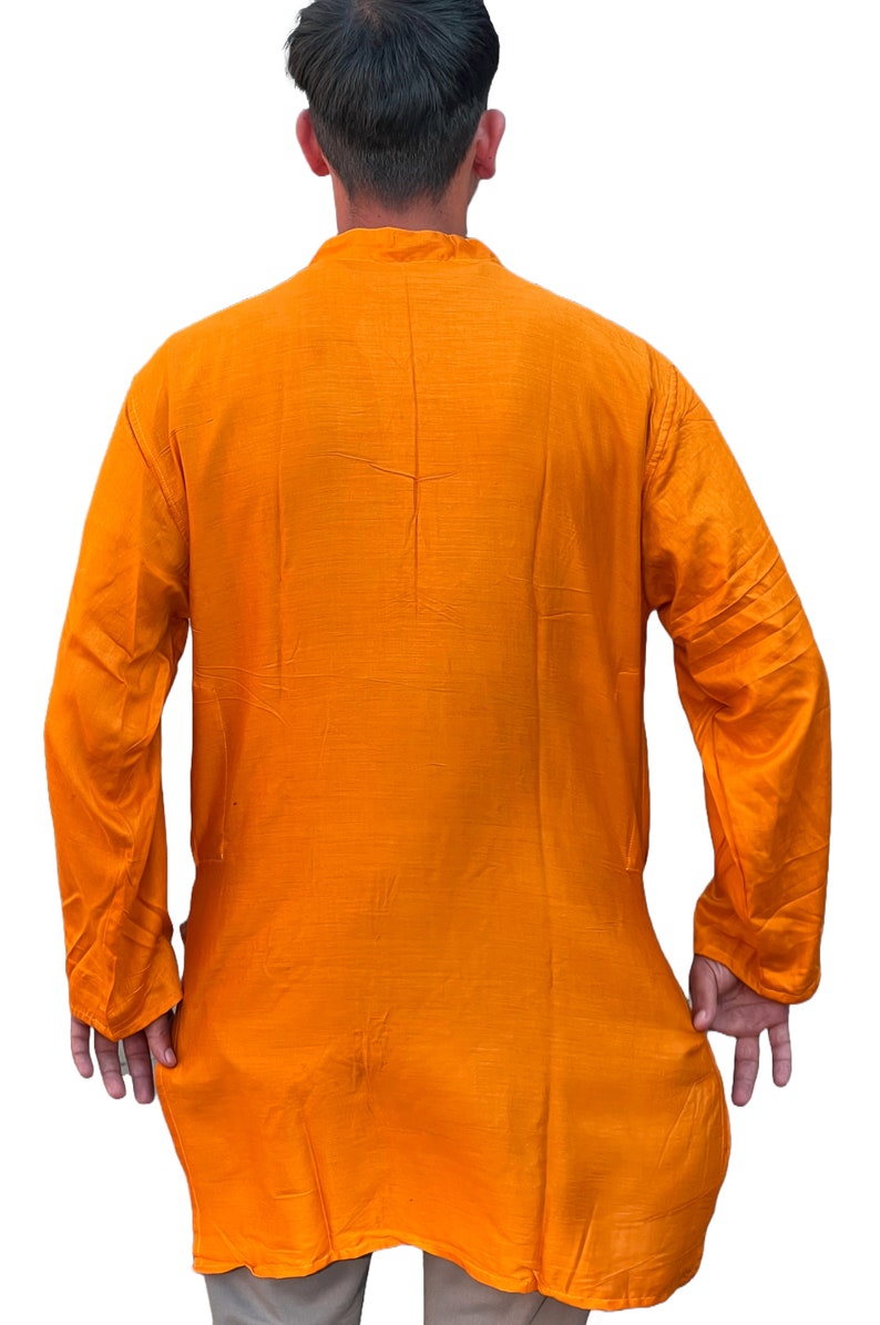 Traditional Indian Punjabi Men's Collarless Long KurtaKurtha Grandad Top Shirt: Saffron Golden YellowPSR image 4