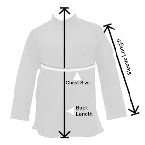 May include: Diagram showing how to measure the chest, back length, and sleeve length of a shirt. The measurements are shown in inches.