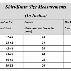 Pu&ograve; includere: Tabella delle taglie di camicie o kurta in pollici, che mostra le misure della taglia del petto, la lunghezza della manica e la lunghezza della schiena per le taglie S, M, L, XL, 2XL e 3XL.