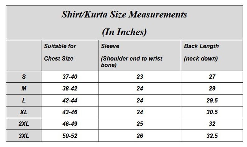 Pu&ograve; includere: Tabella delle taglie di camicie o kurta in pollici, che mostra le misure della taglia del petto, la lunghezza della manica e la lunghezza della schiena per le taglie S, M, L, XL, 2XL e 3XL.