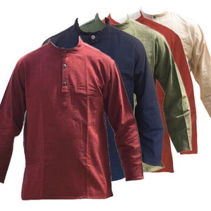 Plain Grandad Cotton Kurta Shirt Men&#39;s Long Full Sleeve Collarless with Flat Buttons
