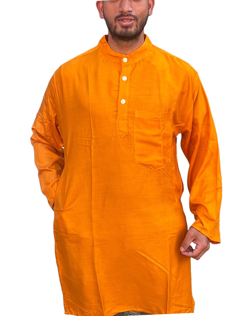 Traditional Indian Punjabi Men's Collarless Long KurtaKurtha Grandad Top Shirt: Saffron Golden YellowPSR image 1