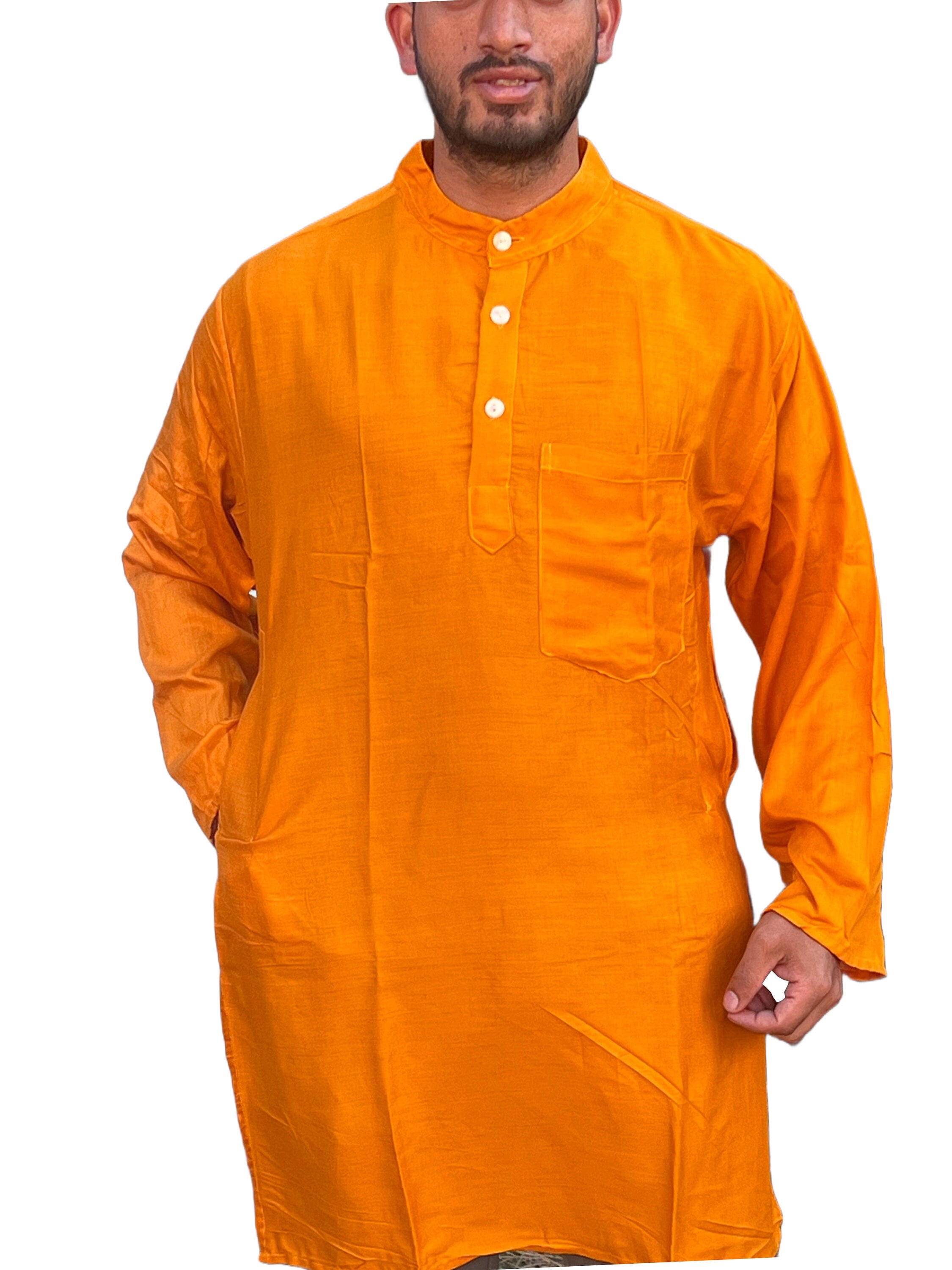 Traditional Indian Punjabi Men s Collarless Long Kurtakurtha Grandad Top Shirt Saffron PSR Etsy Canada