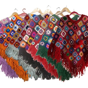 Handknitted Patchwork Wool Colourful Festival Boho Hippie Nomadic Floral Festival Thick Top Crochet Poncho Wrap: clearance price