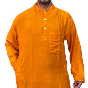 Traditional Indian Punjabi Men's Collarless Long KurtaKurtha Grandad Top Shirt: Saffron Golden YellowPSR image 3